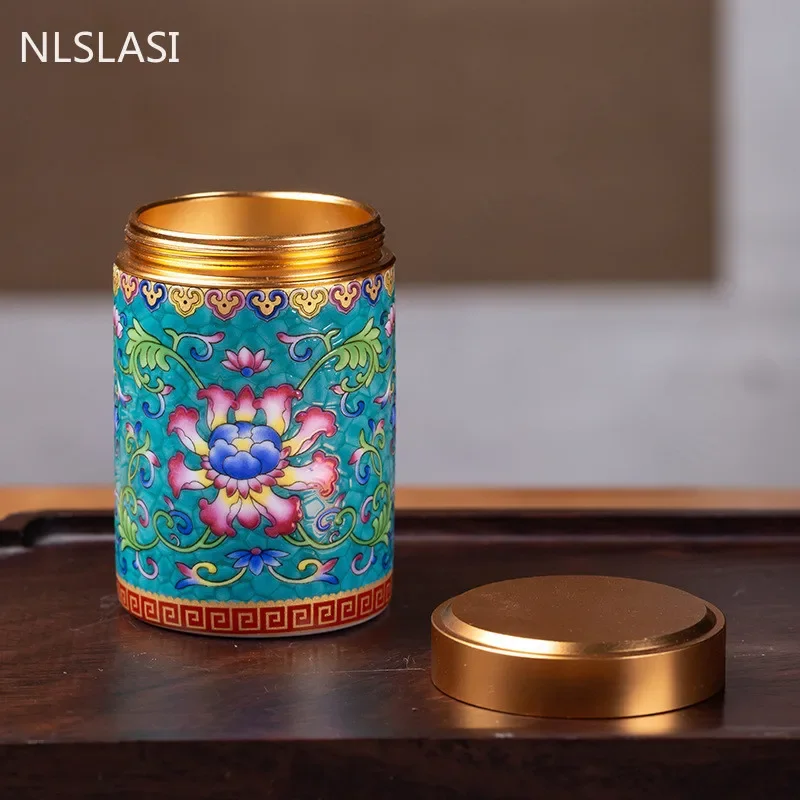 NLSLASI Ceramic tea jar metal screw cap mini tea can travel tea box Dried fruit spice seasoning jar powder rouge storage tank