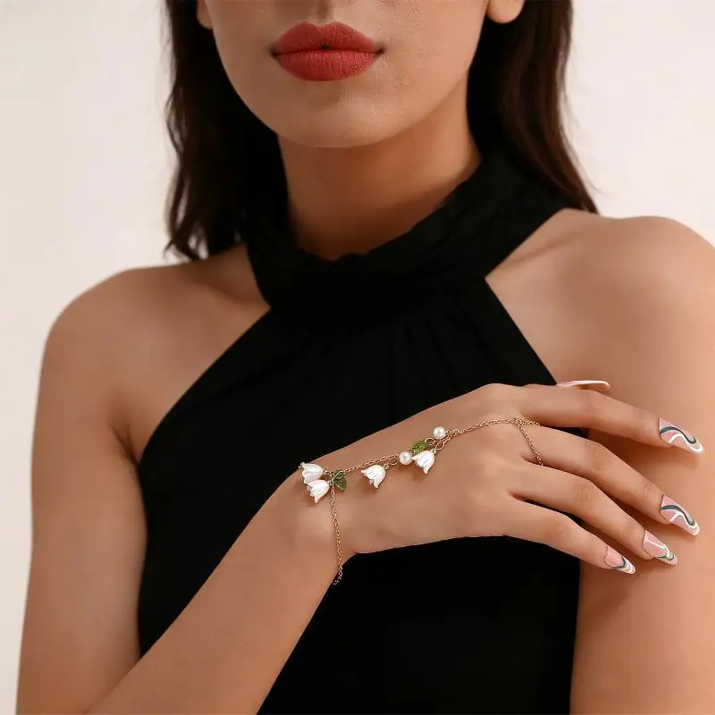 2026 Modischer Damenschmuck: Maiglöckchen & Perlen-Grün Ohrklemmen-Armband und Lange Ohrringe – Detail 10