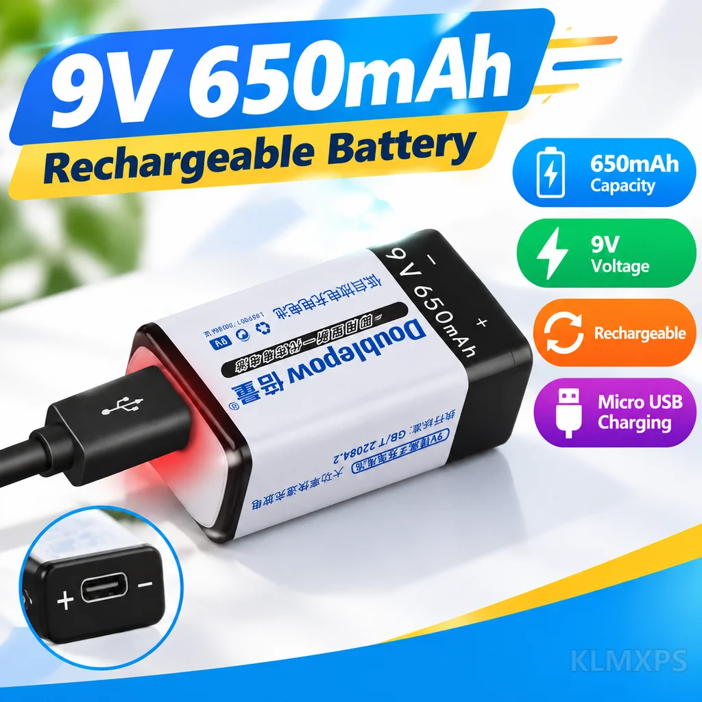 9V 650mAh Rechargeable Battery USB Lithium Polymer Cell 1PCS for Instruments and Children's Toys Portable Replacement Battery