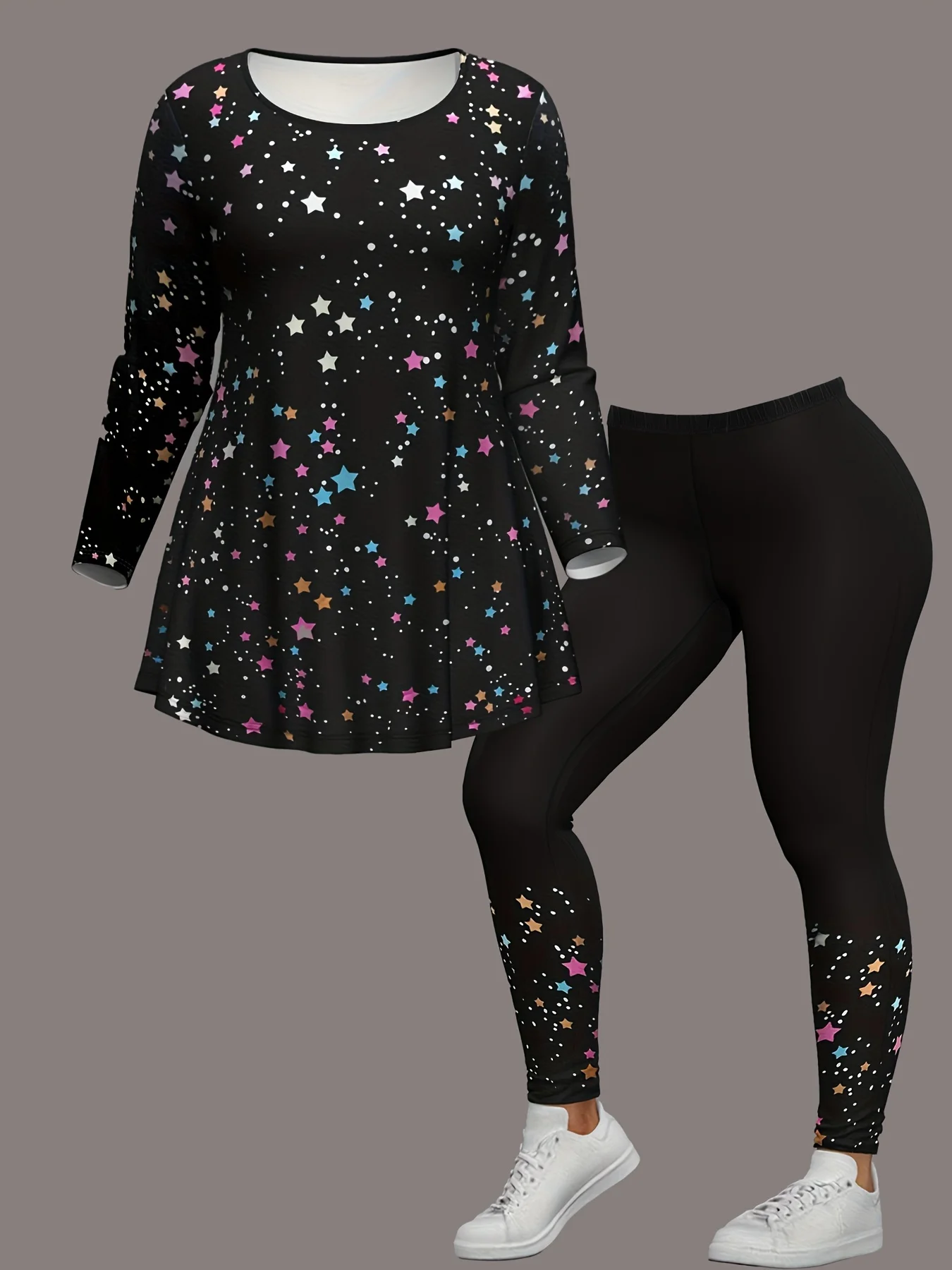 Plus Size Star Print Two-piece Set, Crew Neck Long Sleeve Top & Pants Outfits, Women\'s Plus Size Clothing