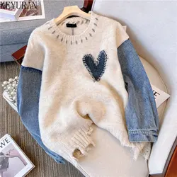 Denim Patchwork Sweater Women Pullovers Autumn Winter 2024 O-Neck Long Sleeve Tops Loose Heart Chic Simple Knitted Jumpers Femme