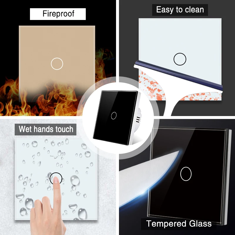 EU Touch Switch Tempered Crystal Glass Panel Power 1/2/3 Gang Wall Light Sensor Switches 1/2/3Gang AC100-240V Lamp On Off