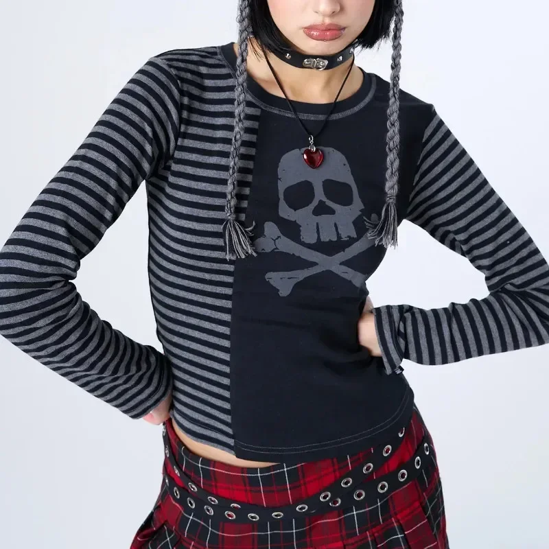 Woman Gothic T-shirts y2k Skull Printed Striped Long Sleeve Slim Tops Woman Clothing Streetwear