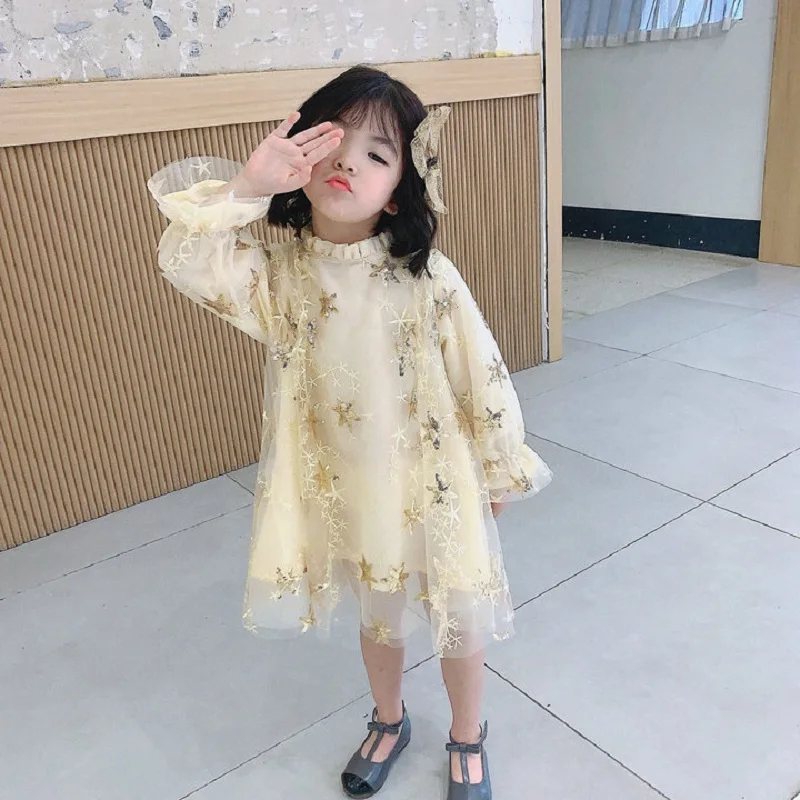 Spring Autumn Baby Girls Star Sequins Shawl Patchwork Long-Sleeved 3 Layers Gauze Dresses Kids Sweet Skirt Children Outfit 2-8Yr