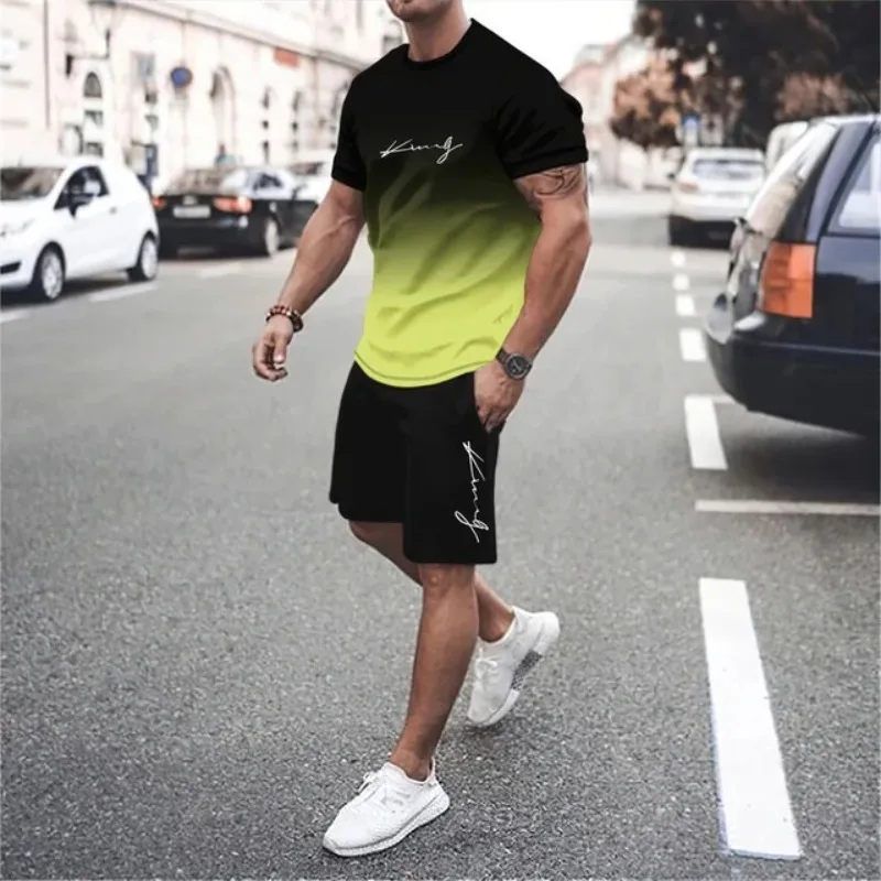 

Men Casual Gradient Fabric Letter Print Short Sleeve T Shirt Shorts Set Daily Outdoor Sports Outfit S-3XL