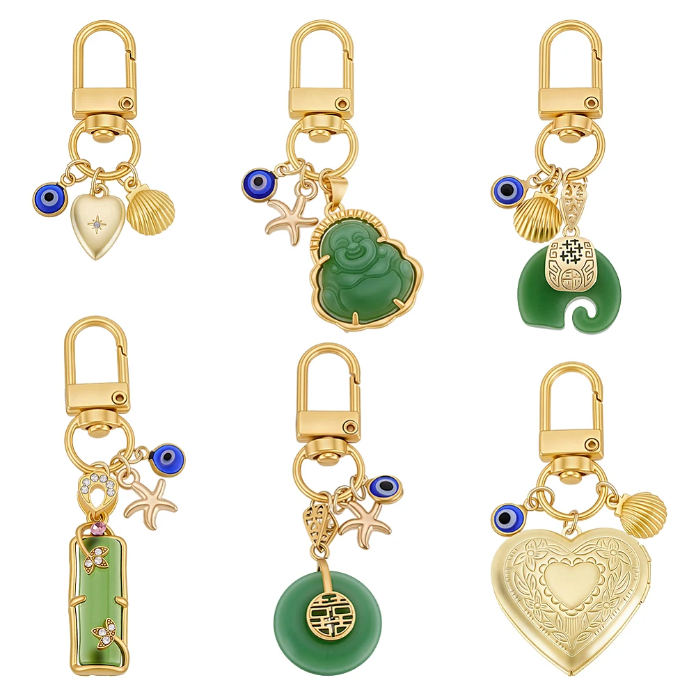 6PCS Green Imitated Jade and Keychains Gold Lucky Peace Buckle Pendant with Heart Starfish Shell Charms Maitreya Keyring