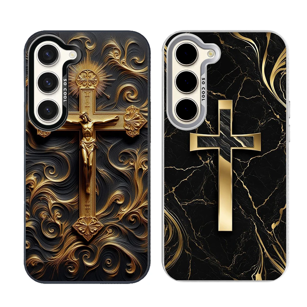 Cross Pattern Element Design Phone Case Cover for Samsung Galaxy S26 S25 S24 S23 S22 S21 S20 FE Ultra Plus Present Grey Silvery