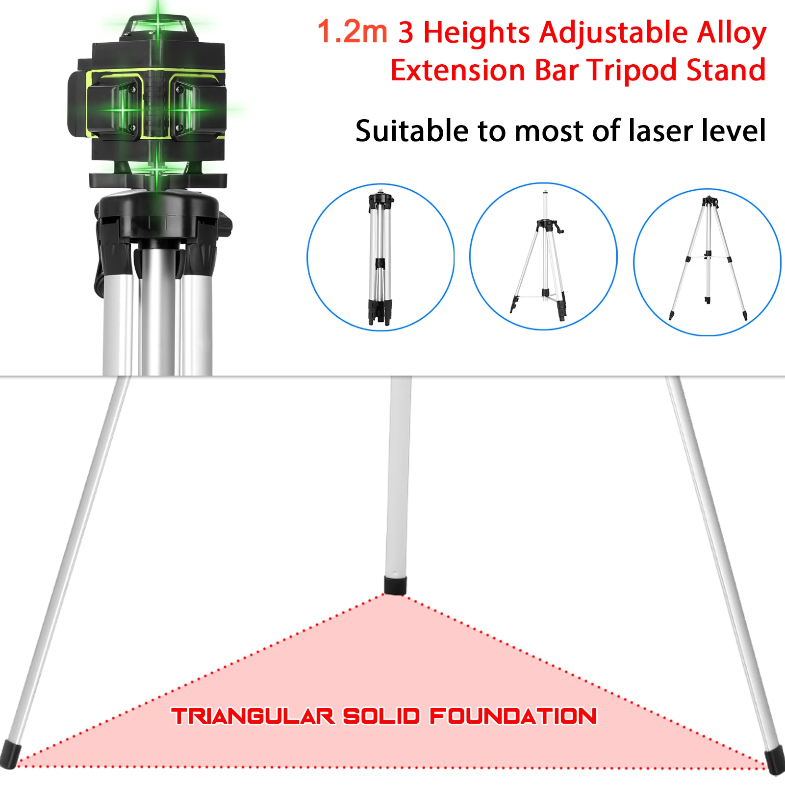 Multifunctional 16 Lines Level Tool Vertical Horizontal Line with Self-leveling Function with 1.2M 3-Heights Adjustable Alloy