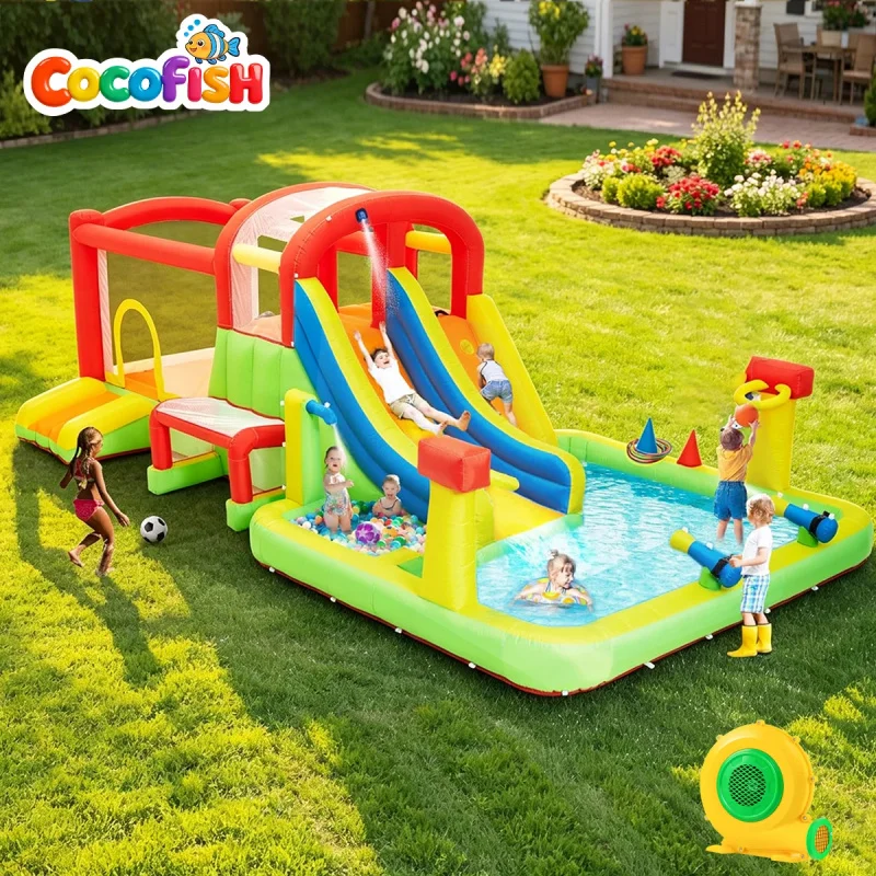 Cocofish Backyard Amusement Park Inflatable Jumping Castle Bounce House with Pool, Slide, Hoop, Water Gun Kid Big Bouncing Combo