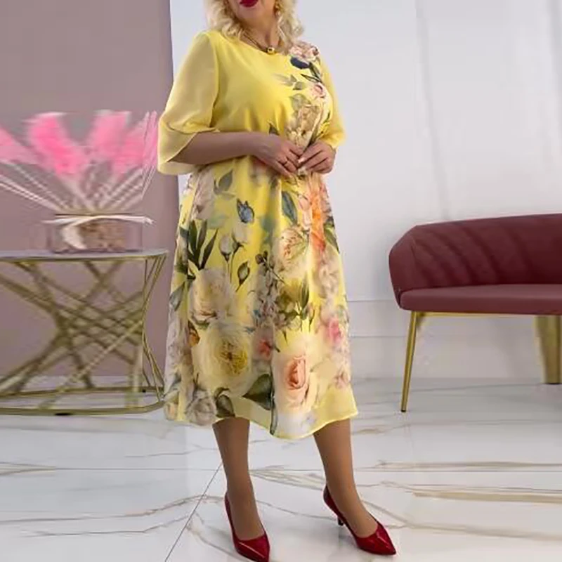 2025 فساتين عتيقة للسيدات بأكمام قصيرة مطبوعة بالزهور فساتين متوسطة الطول فضفاضة للنساء فستان مناسبات الشاطئ رداء نسائي للحفلات أصفر