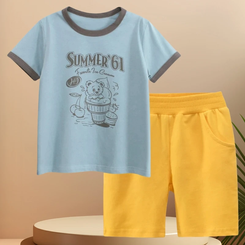 

Korean Children Summer Set 2025 New Kids Short Sleeve T-Shirt + Sports Shorts Cartoon Bear Girls Tracksuit 2-9Y Dropshipping