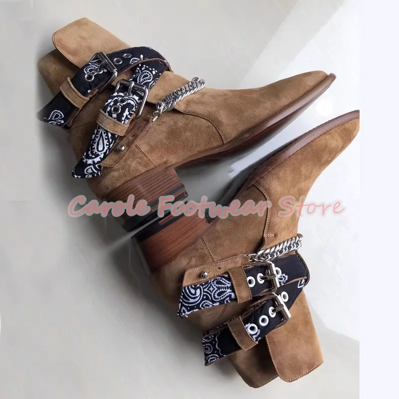 

Punk Belt Buckle Metal Chain Decor Ankle Boots for Men Genuine Leather High Heel Chelsea Boots Male Business Formals Dress Shoes
