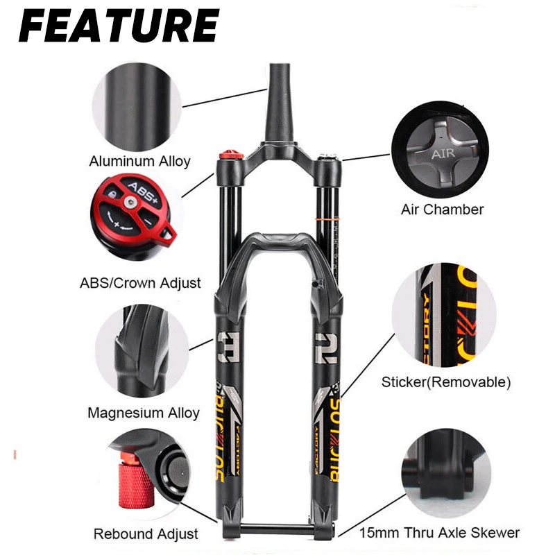 BUCKLOS Bicycle Air Fork 26 27.5 29 Mtb Suspension Fork 1-1/8‘’ Tapered/Straight Tube Bike Forks with Thru Axle Bicycle Part