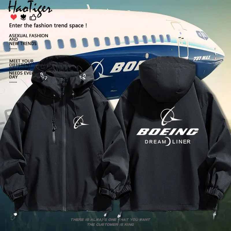 Boeing BOEING Pilot Jacket Loose Men's Autumn Winter Coat Casual Style Polyester Fiber Long Sleeve Zipper Closure Hooded