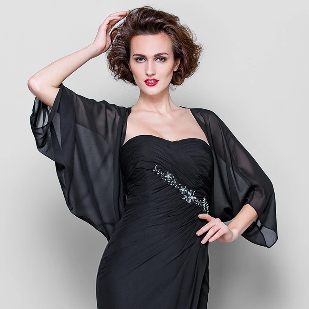 Black Chiffon Wedding Bolero Puffy Long Sleeves Summer Elegant Bridal Jacket Formal Party Shrug Special Occasion Wrap Cape