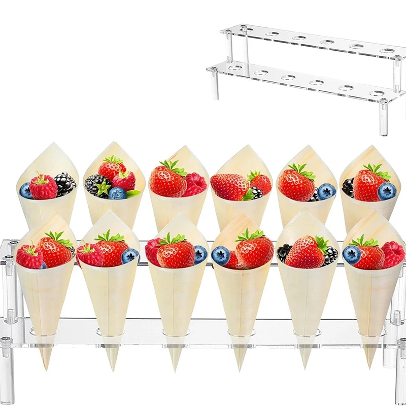12 Hole Acrylic Ice Cream Cone Dessert Holder Display Stand Party Shelf With 100 Wooden Cones For Wedding Party Dining【Homeclub】