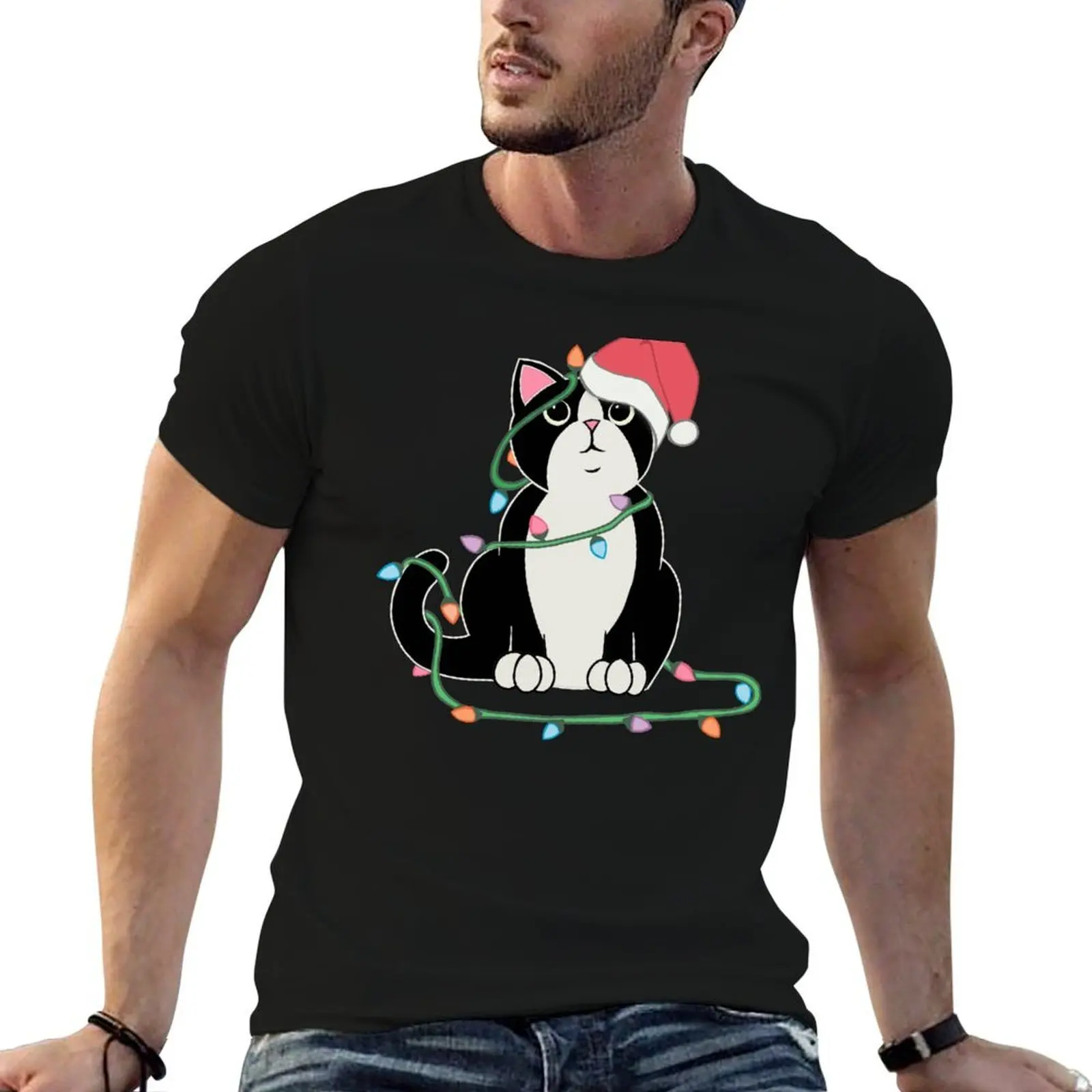 

Tuxedo Cat Christmas lights funny cat lover xmas hat T-Shirt t shirts for man slim fit man tshirt T-Shirt