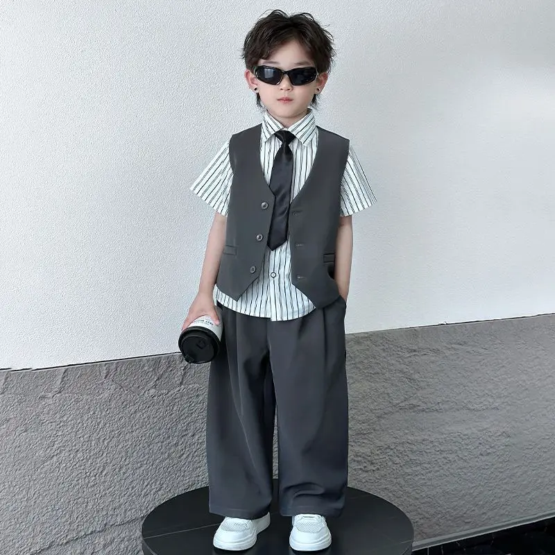 Boys Spring Summer Suit Set New Fashion Kids Stylish Trendy Suit Shirt Tie Pants 4-Piece Outfit Children Clothing