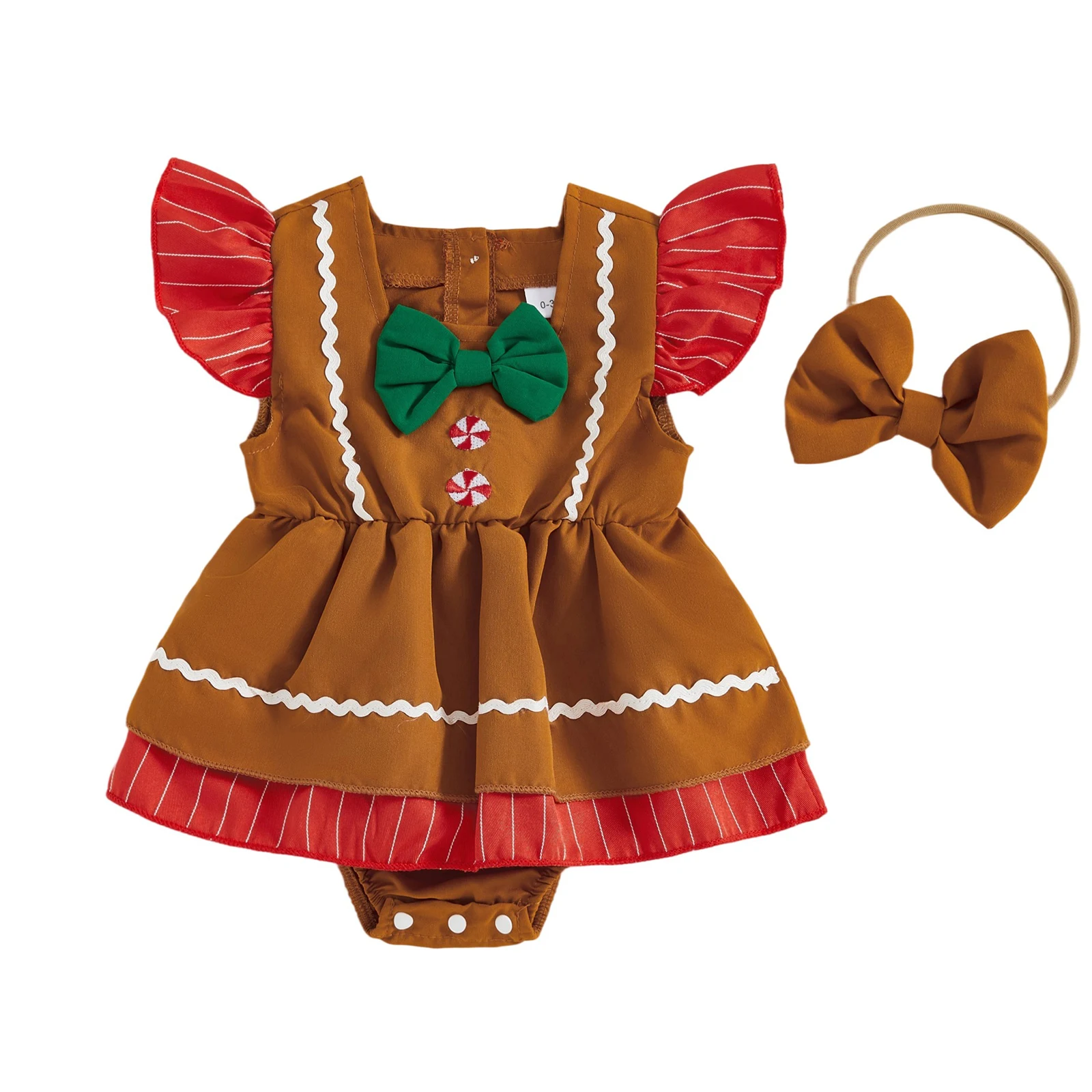 

Рождественский пряничный комбинезон для маленьких девочек, полосатый комбинезон с рукавами-крылышками и повязка на голову, модная одежда, наряды