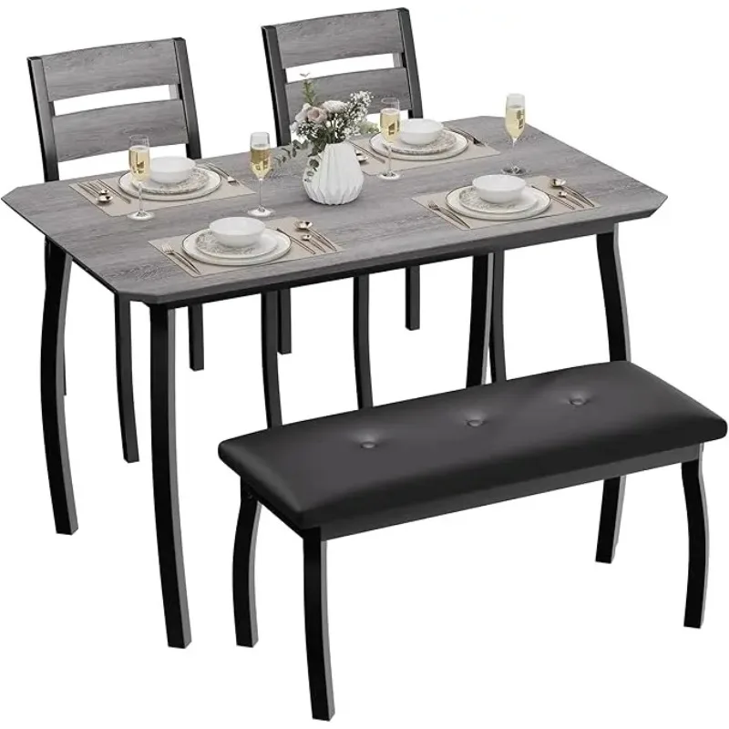 Dining Table Set for 4,Sturdy Wooden Kitchen Table with Chamfer Design and Metal Legs, Upholstered Bench for Home ,Kitchen