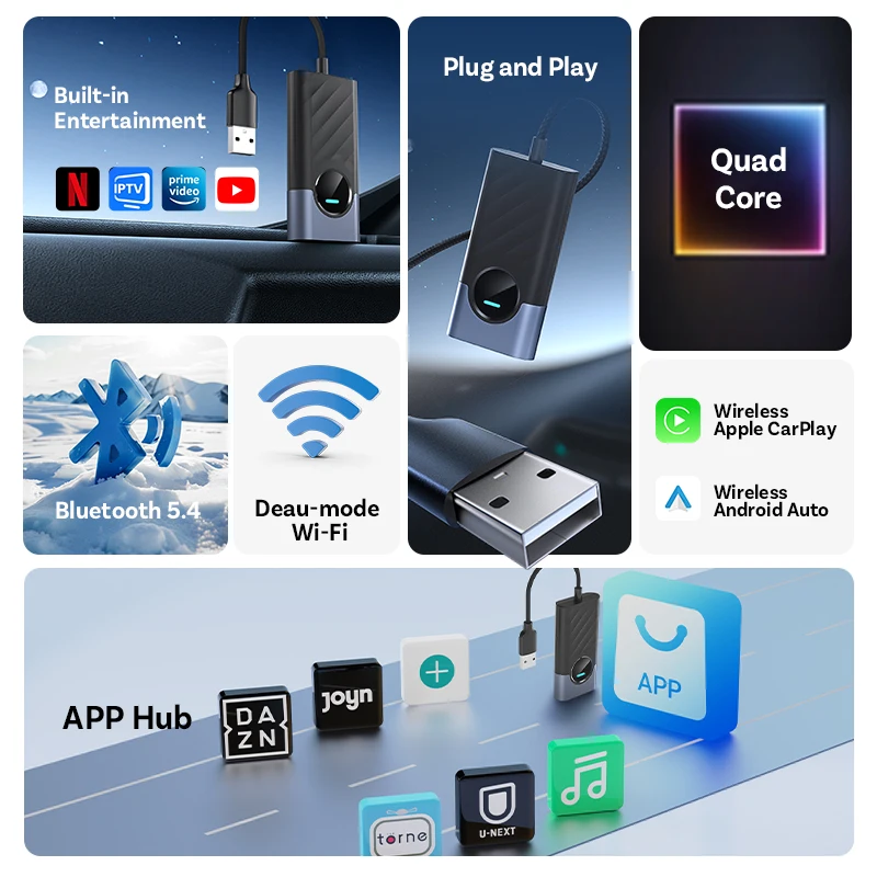 3-in-1 Carplay and Video Ultra WiFi6 AI Box Carplay Adapter Android Auto Media Player YouTube Netflix Install Apps for Audi