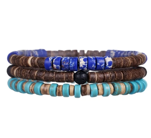 Hand-beaded coconut shell wood chip bracelets for men, retro style multi-layered turquoise imperial stone bracelet jewelry