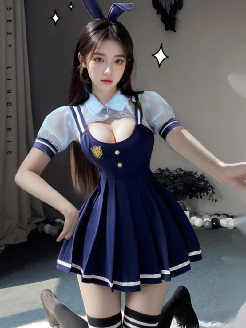 Exotic CosplaySuper Sexy JK Pleated Mini Dress Shoulder Strap Bunny Girl Uniform Dress Elegant Blue Sweet Women Tops A7AU