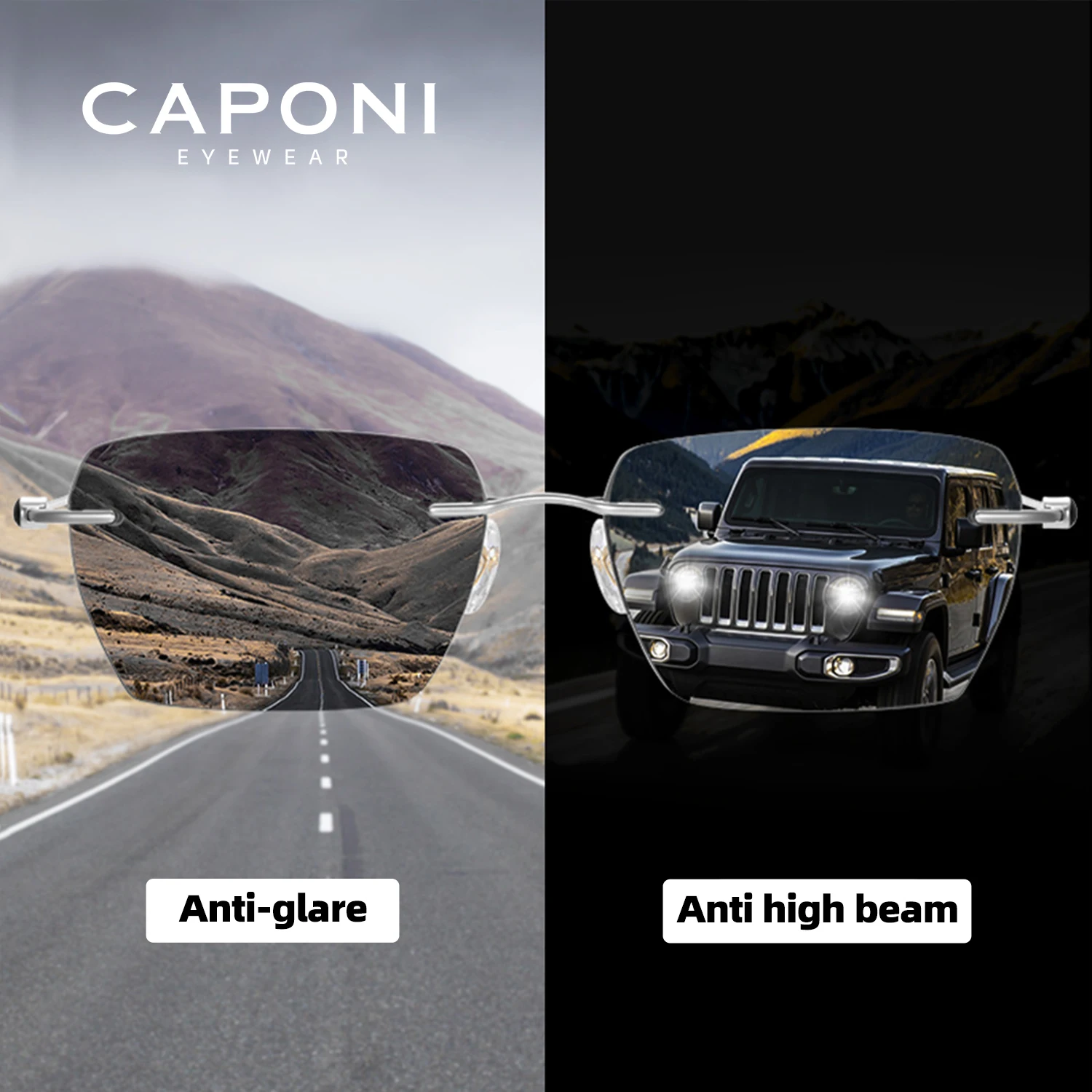 CAPONI Polarized Men Sunglasses Original Design Ultralight Rimless Photochromic Light Black SunGlasses Driver UV400 Shade BS0621