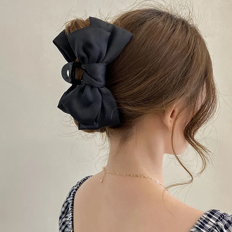 Fashion Double Side Solid Satin Chiffon Big Bows Plastic Large Crab Clips Claw for Women Girls Thick Hair Accessories Headwear