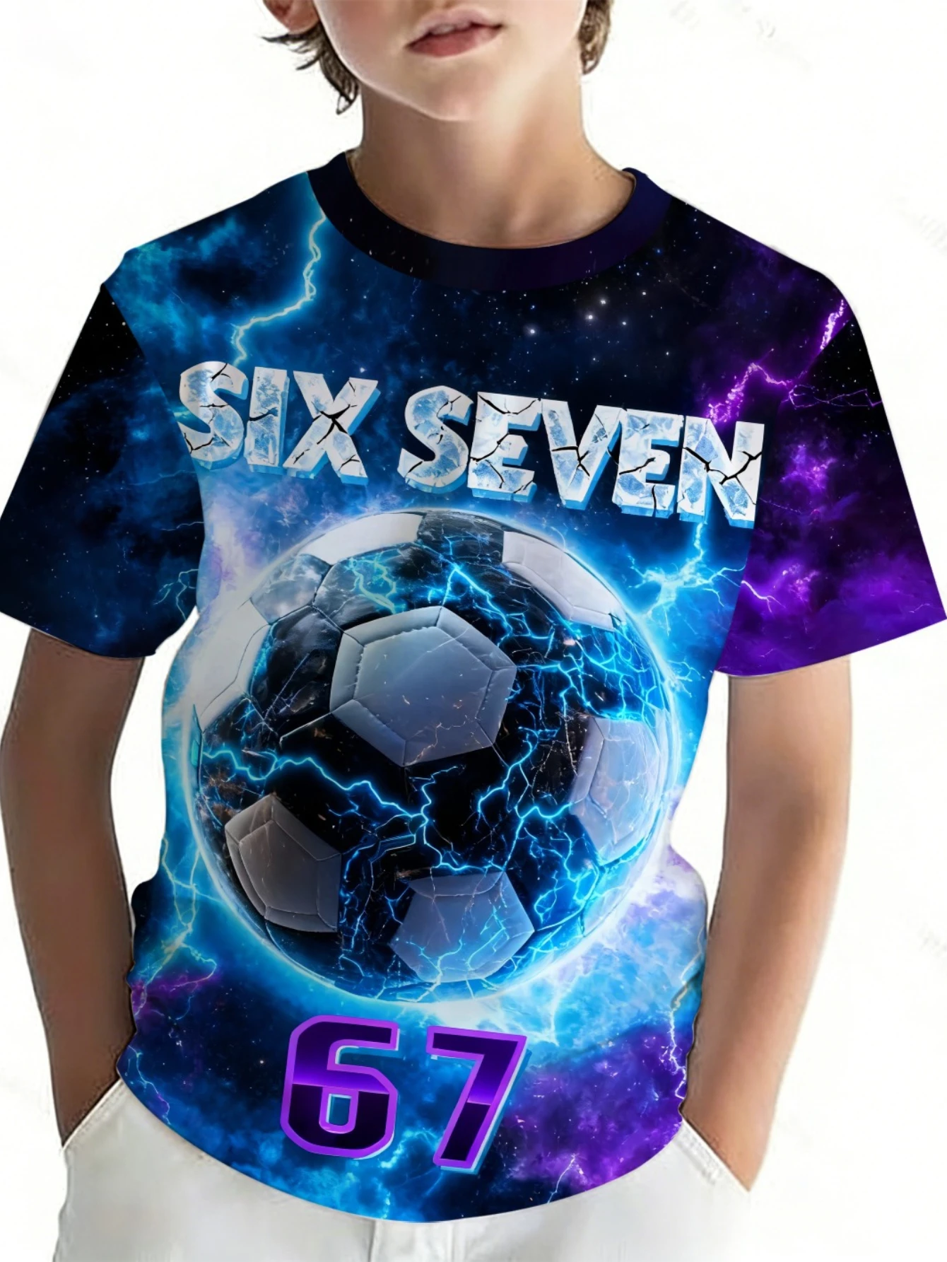 Kids Colorful 67 Soccer Graphic T‑Shirt, Boys Paint‑Splash Football Print Short Sleeve Crew Neck Casual Summer Tee Tops
