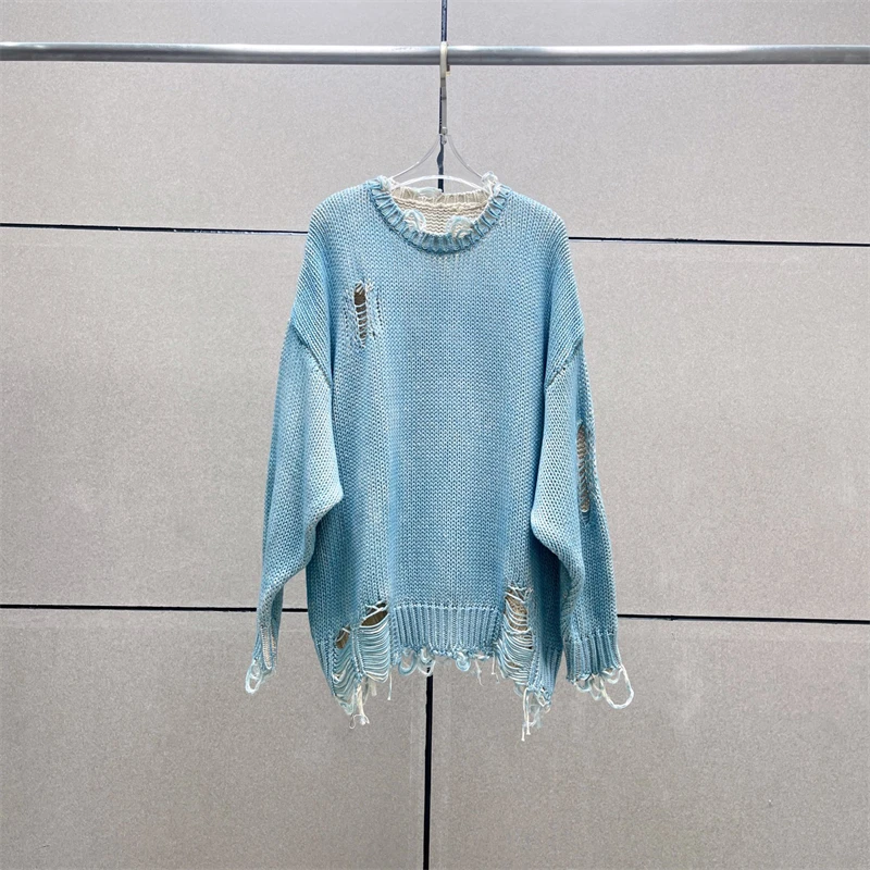 Knitted Sweater with Tassel for WomenRound Neck Retro Pullover Frayed Style Korean StyleCasual Top High Quality Fashion Y2k 2024