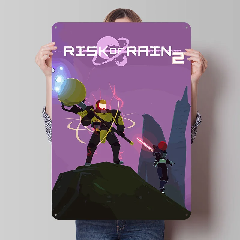Risk of Rain 2 Spiel-Poster Individualisierte Vintage Metallschilder Wandkunst Retro Blechschild für Männerhöhle Heim und Dekoration Gaming-Raum