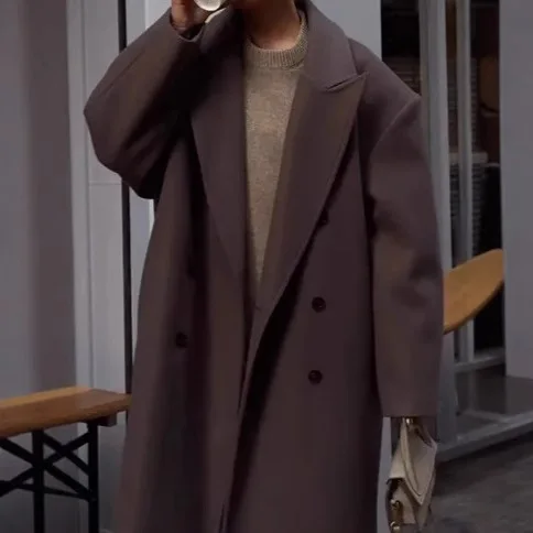 2025 Autumn and Winter Korean Style Suit Collar Long Woolen Coat Double-Breasted Warm Women's Clothing