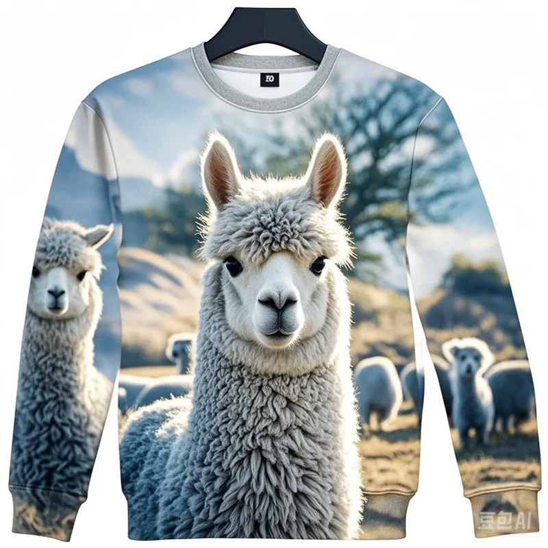 All Over Print Cute Animal Alpaca Pattern Crewneck Sweatshirts For Men New In Casual Oversized Pullover Hoodies Streetwear