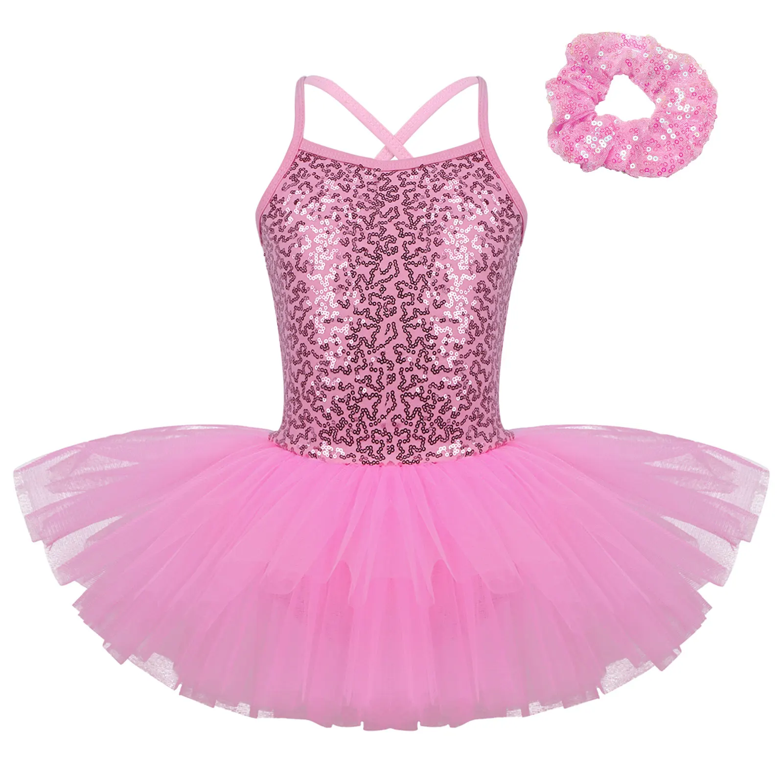 Girls Ballerina Dress Sequin Gymnastics Leotard Ballet Tutu Dress with Hair Tie Headwear for Performance Dancewear Party Costume