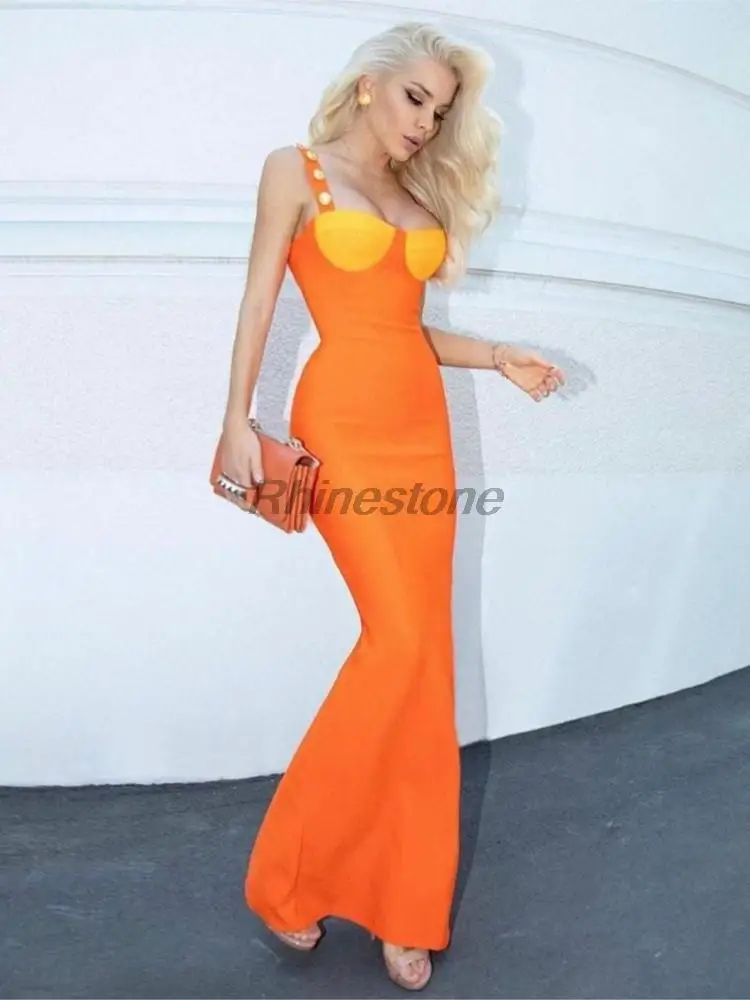 2023 Hot Selling European And American Gold Button Sexy Low Cut Orange Wrapped Hip Sling Long Evening Dress