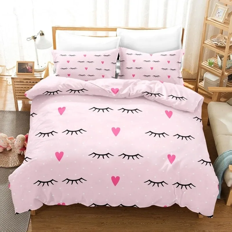 

Pink Eyelash Duvet Cover Set Girls Women Eyelash Heart Printed Bedding Set Closed Eyes Pattern Design Comforter Cover Queen Size