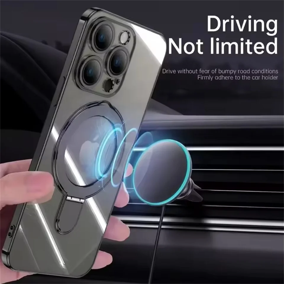 Funda magnética de lujo con soporte para Magsafe para iPhone 16 17 15 14 13 12 11 Pro Max 16 Plus, anillo magnético y acrílico transparente 4
