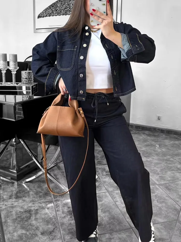 

HH Women Fashion Pants Solid Suit Denim Single-Breasted Pockets Lapel Long Sleeve Jacket+Drawstring Straight Long Jeans