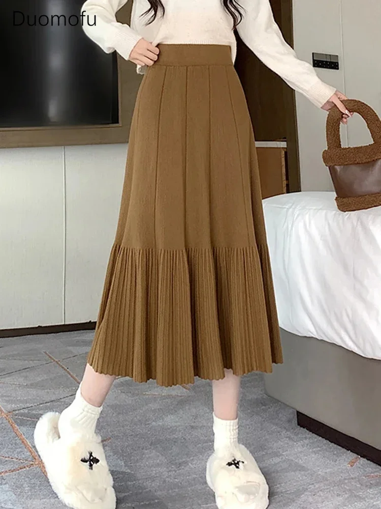 

Duomofu Long Skirts Women Autumn Casual Loose Knitted Skirt Female Korean Fashion Preppy Style High Waist A Line Pleated Skirt