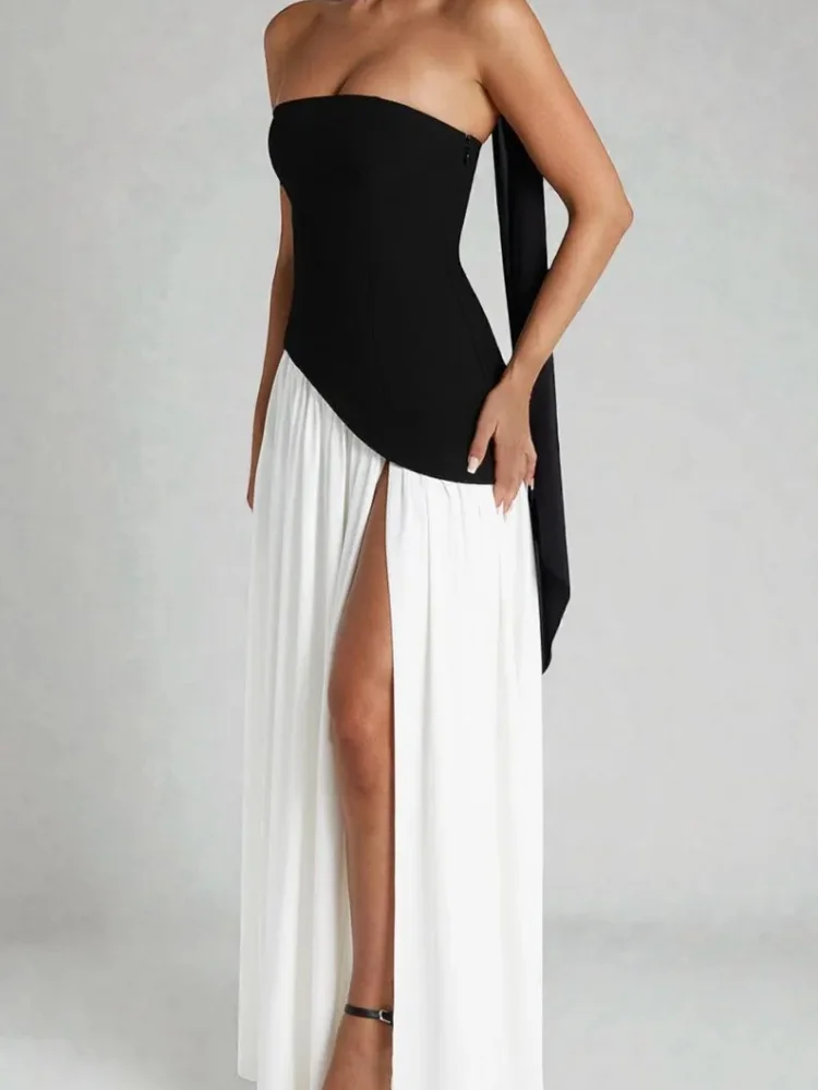 

Elegant High Neck Patchwork Bodycon Dress, High Slit White & Black Evening Gown for Wedding Guest, Autumn & Winter