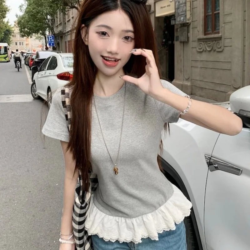Women Contrast Color Lace Fringe Spliced T Shirt Women Summer Designer Slimming Short Sleeve Versatile Daily Top