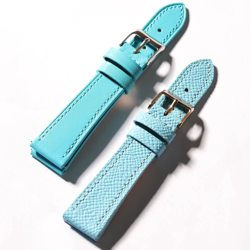 Imagen 2 del producto Correa de reloj de cuero genuino de alta gama hecha a mano corta S/M, correa de cuero genuino suave de liberación rápida azul claro 18 19 20 21 22 mm