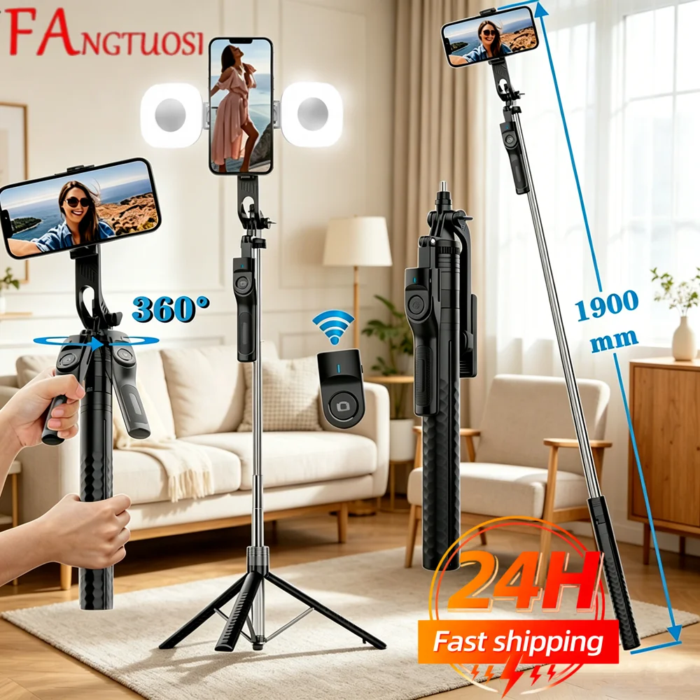 FANGTUOSI 1900mm Wireless Selfie Stick Tripod Stand Foldable Monopod With Led Light For Smartphones Balance Steady Shooting Live