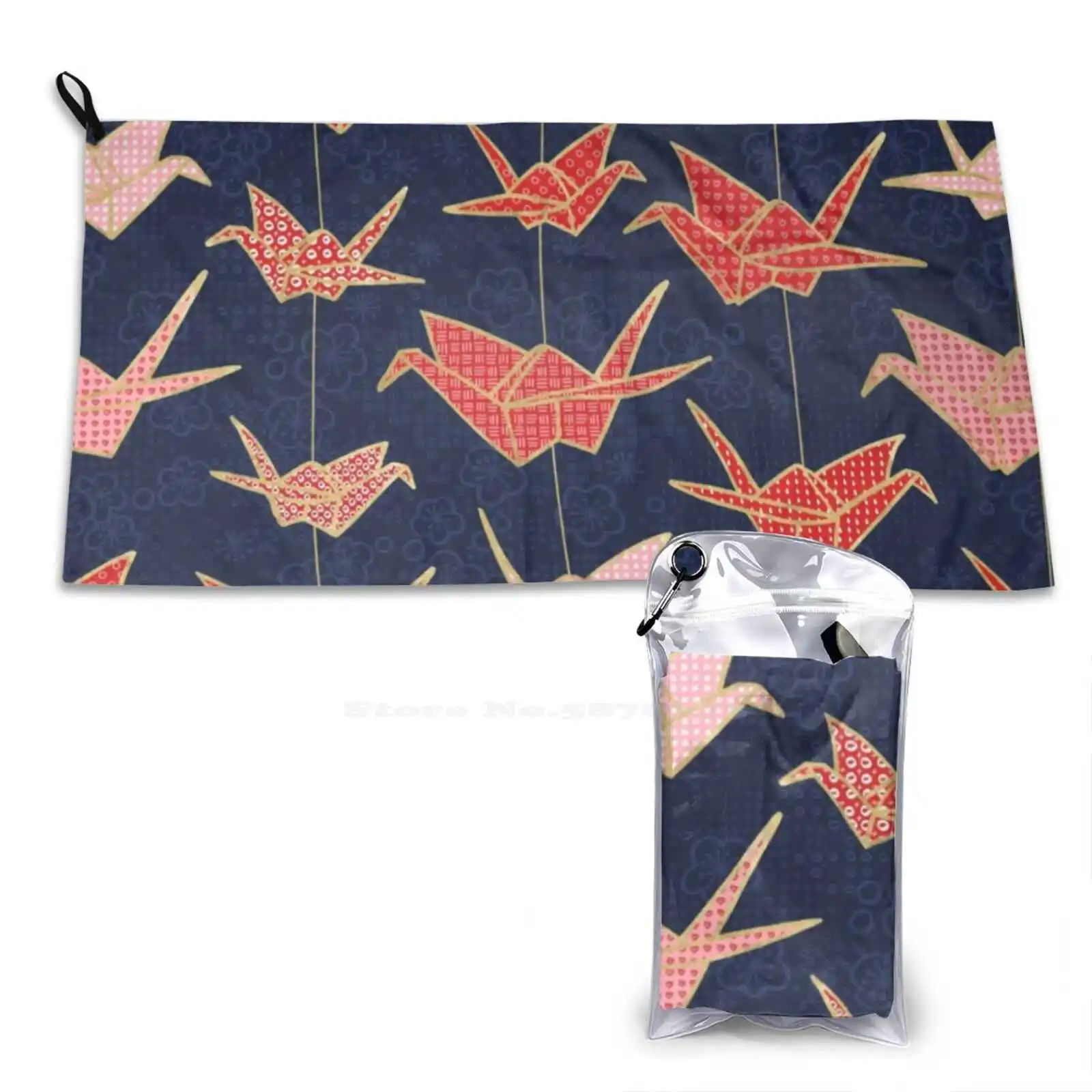 

Red Origami Cranes On Navy Blue Soft Towel Quick Dry Beach Towel Red Origami Cranes Navy Blue Dark Gold Japanese Paper Sakura