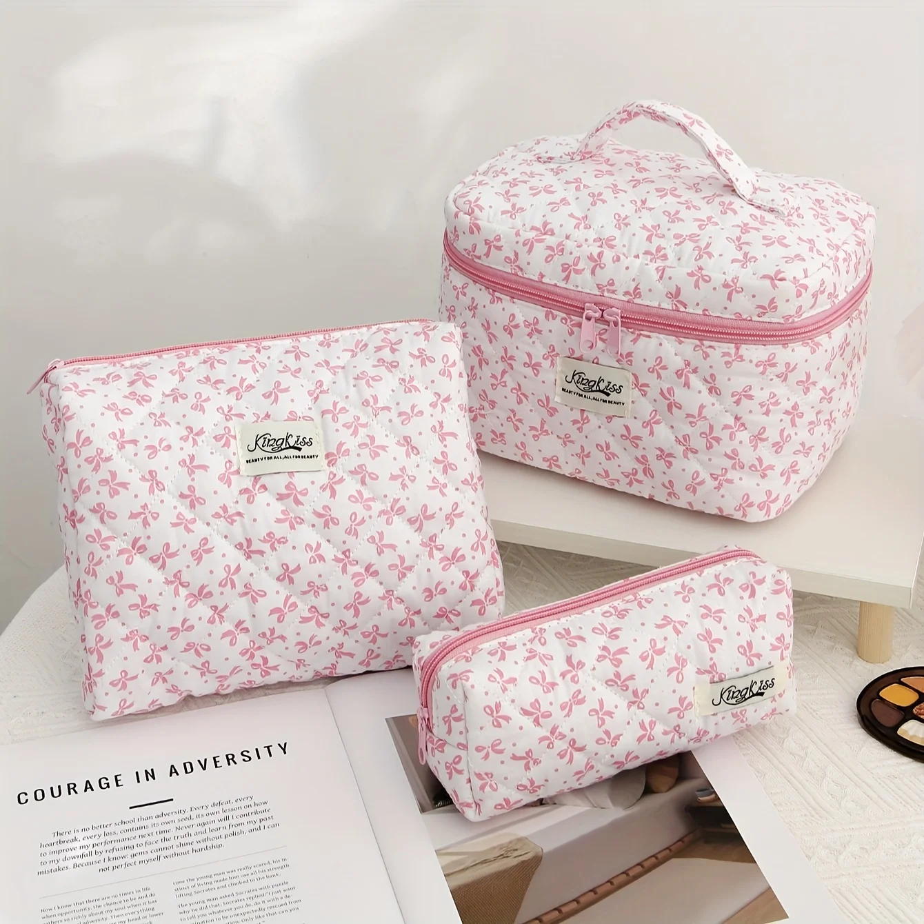 Borsa per il trucco trapuntata da 3 pezzi, borsa per cosmetici floreale grande per donna, Set di borse per il trucco in cotone, borsa da toilette da