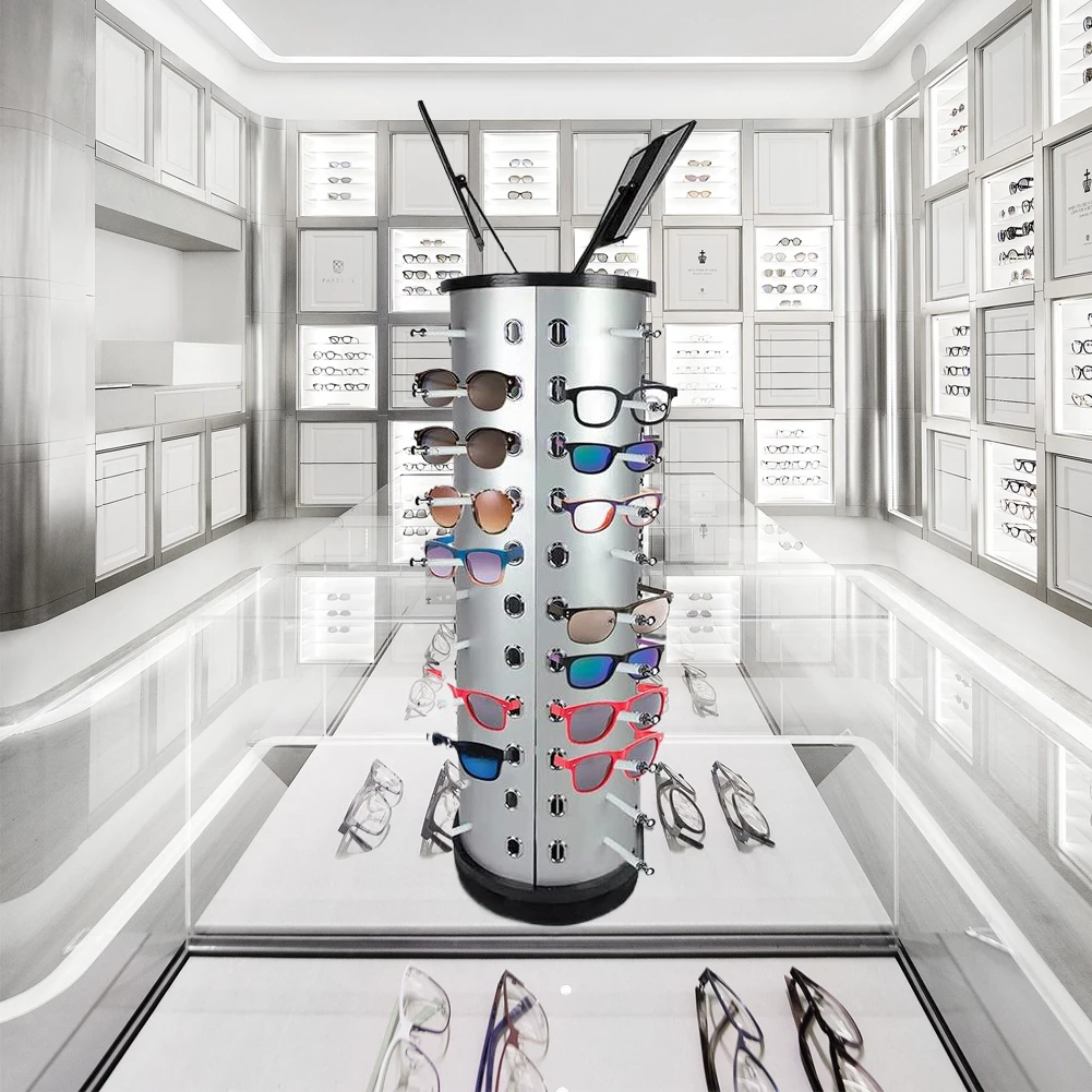 مجموعة النظارات الدوارة مع مرآة النظارات الشمسية رف دائري 44 زوجًا من حامل نظارات تخزين قائم بذاته