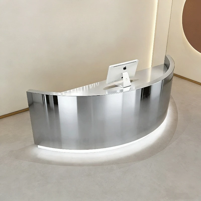 

Modern Simple Beauty Salon Bar Creative Clothing Store Stainless Steel Arc Reception Desk Office Furniture Balcão Para Loja FYRD