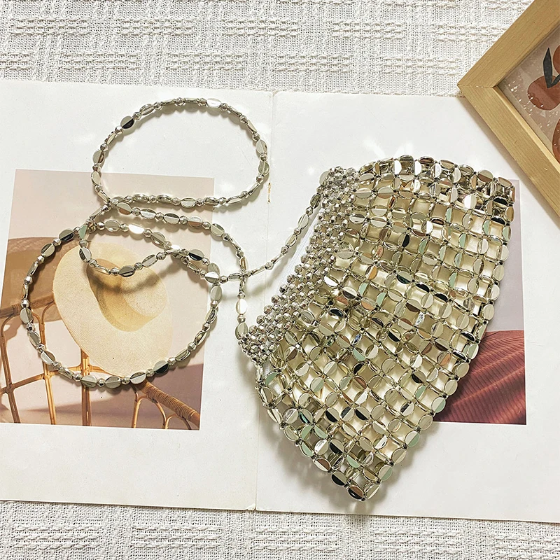 

Новая женская сумка из металлических бусин, модная открытая сумка ручной работы, тканая сумка для пельменей в стиле ins