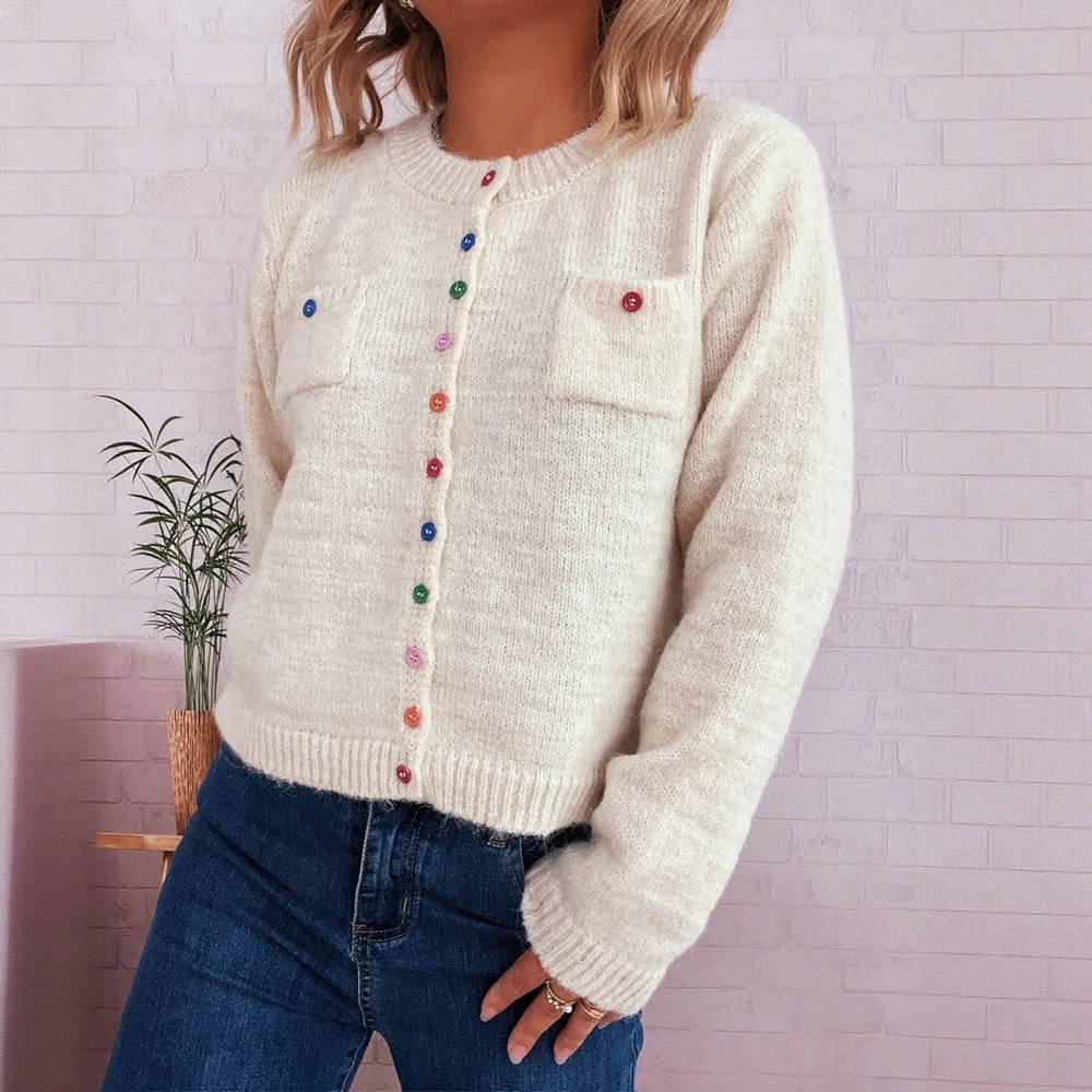 

Кардиган с длинным рукавом и круглым вырезом, осенне-зимняя одежда, украшение на пуговицах, свободный крой, женский трикотаж с открытой передней частью